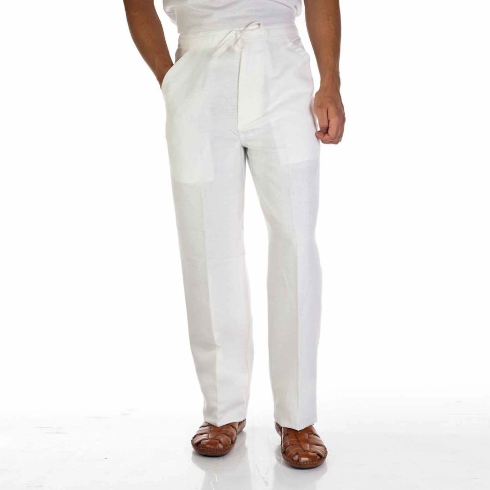 Men's Casual Linen Trousers, Drawstring, Natural White