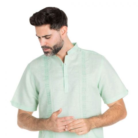 Band collar embroidered pleated linen shirt